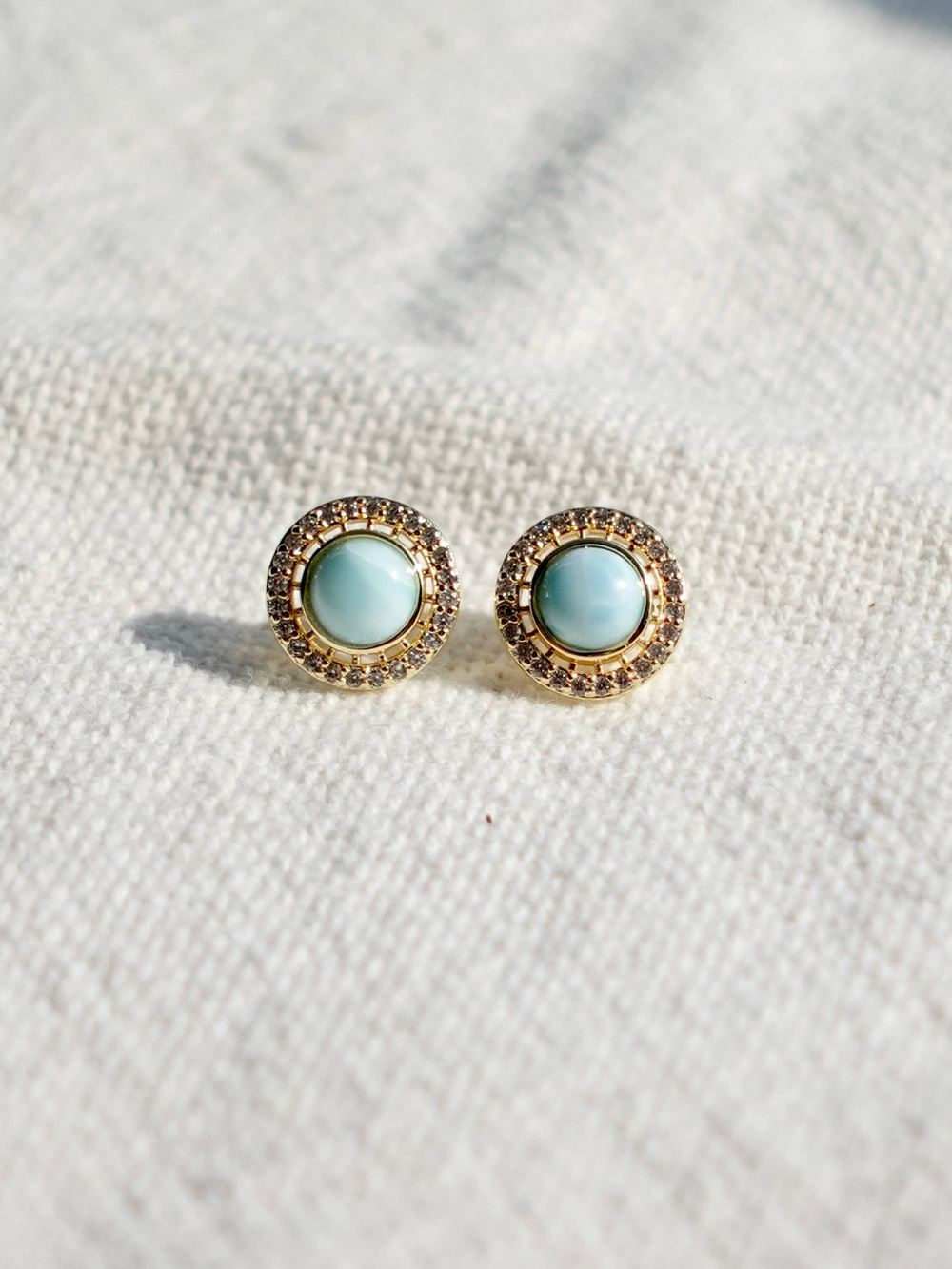 Gold plated Larimar Stud Earrings cubic Zirconia stones